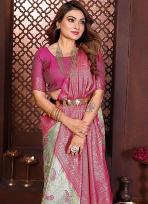 Light Sea Green Color Zari Weaving Banarasi Tissue Silk Saree 1