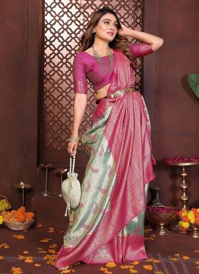 Light Sea Green Color Zari Weaving Banarasi Tissue Silk Saree 2