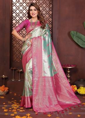 Light Sea Green Color Zari Weaving Banarasi Tissue Silk Saree 3