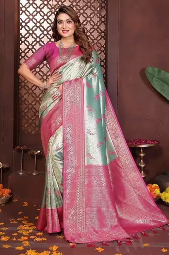 Light Sea Green Color Zari Weaving Banarasi Tissue Silk Saree