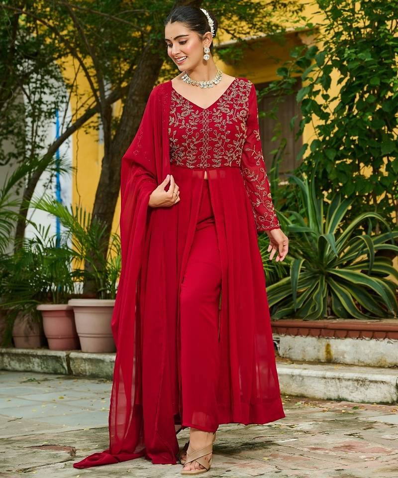 Maroon Faux Blooming Kurta Set with Beads Embroidery – Premium Festive & Elegant Wear