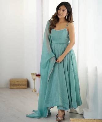 Sky blue crunchy silk three piece anarkali suit 1