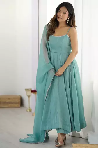 Sky blue color crunchy silk three piece anarkali suit