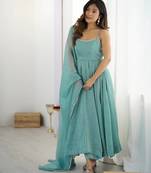 Sky blue crunchy silk three piece anarkali suit