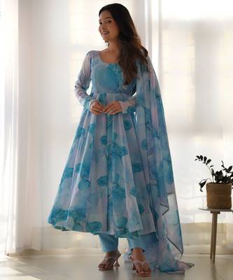 Amazing sky blue marble print organza festive wear anarkali suit 1