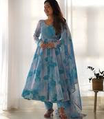 Amazing sky blue marble print organza festive wear anarkali suit