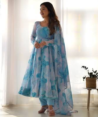 Amazing sky blue marble print organza festive wear anarkali suit 3