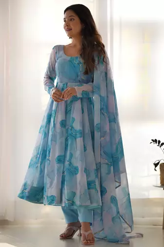 Amazing sky blue marble print organza festive wear anarkali suit
