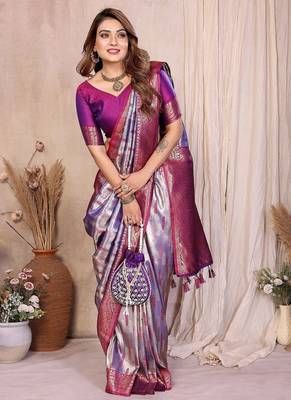 lavender color zari weaving banarasi tissue silk blend saree 2