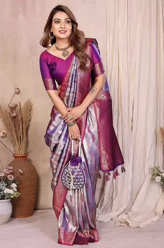 lavender color zari weaving banarasi tissue silk blend saree