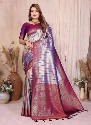 lavender color zari weaving banarasi tissue silk blend saree 3