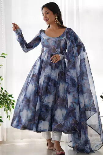 Astonishing navy blue marble print organza event wear anarkali suit
