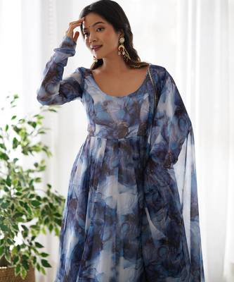 Astonishing navy blue marble print organza event wear anarkali suit 3