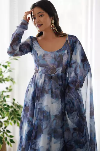 Astonishing navy blue marble print organza event wear anarkali suit