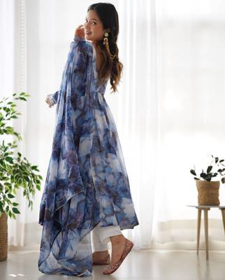 Astonishing navy blue marble print organza event wear anarkali suit 4