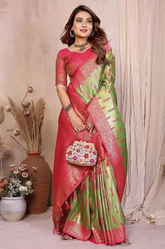 Light Green Color Zari Weaving Banarasi Tissue Silk Saree
