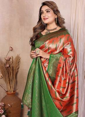 Orange Color Zari Weaving Banarasi Tissue Silk Saree 1