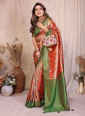 Orange Color Zari Weaving Banarasi Tissue Silk Saree 2