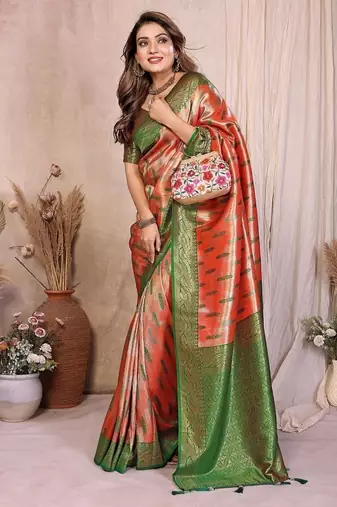 Orange Color Zari Weaving Banarasi Tissue Silk Saree