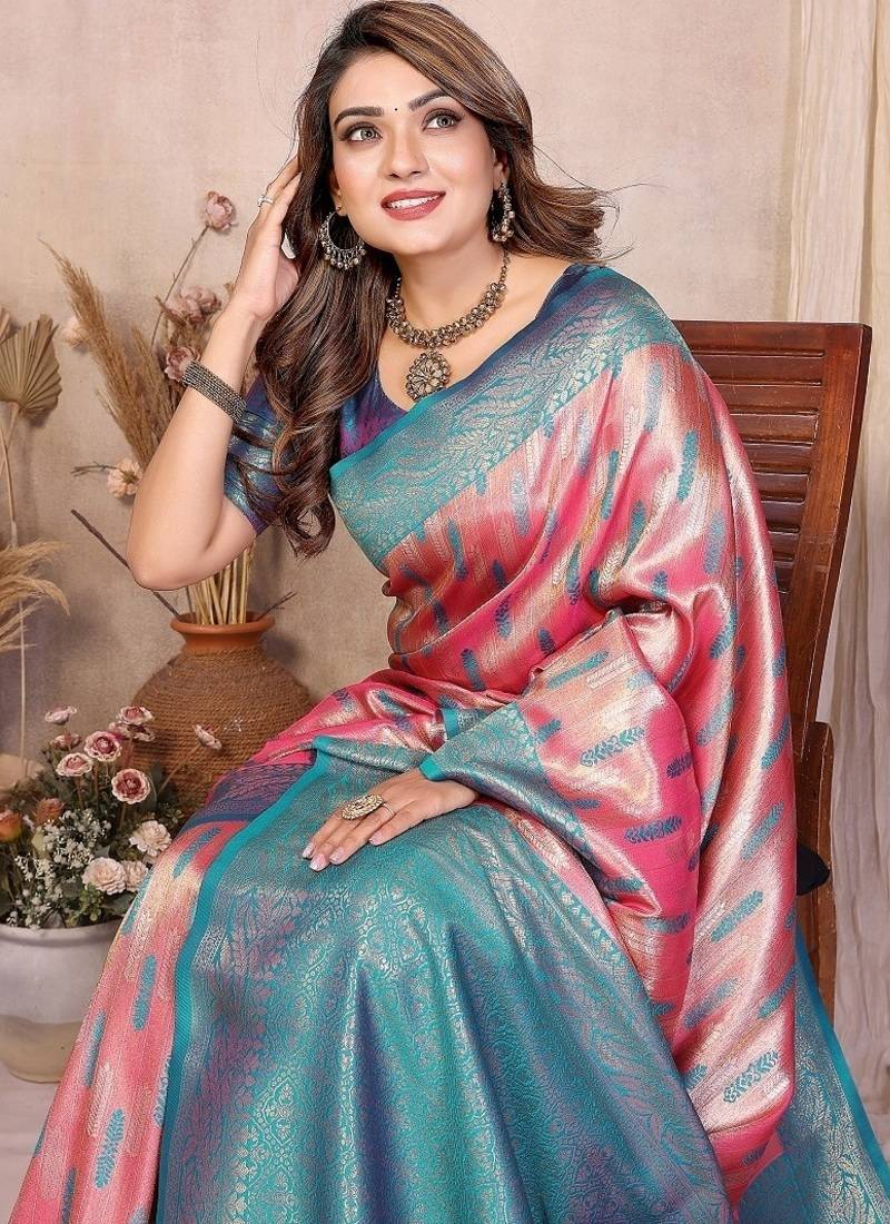 Pink Color Zari Weaving Banarasi Tissue Silk Saree
