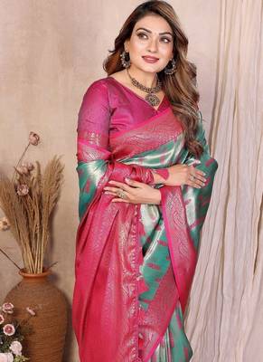 Sea Green Color Zari Weaving Banarasi Tissue Silk Saree 1