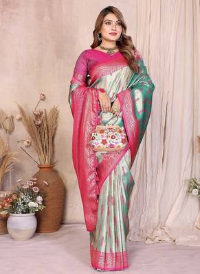 Sea Green Color Zari Weaving Banarasi Tissue Silk Saree 2