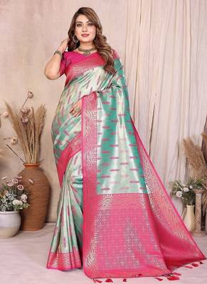 Sea Green Color Zari Weaving Banarasi Tissue Silk Saree 3