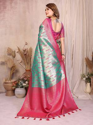 Sea Green Color Zari Weaving Banarasi Tissue Silk Saree 4