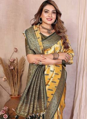 Yellow Color Zari Weaving Banarasi Tissue Silk Saree 1
