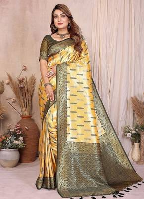 Yellow Color Zari Weaving Banarasi Tissue Silk Saree 3