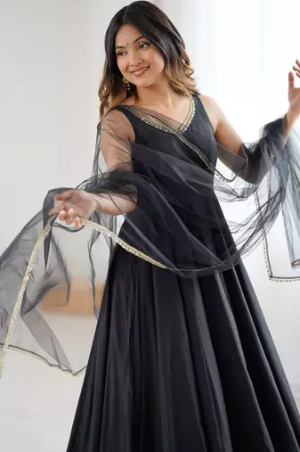 Black chanderi pure roman silk anarkali suit
