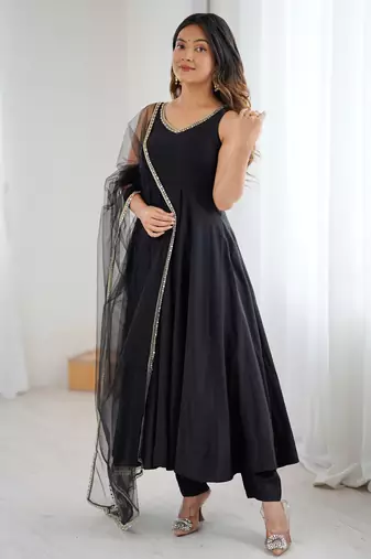 Black chanderi pure roman silk anarkali suit
