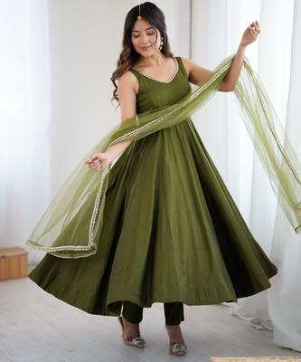 Mehndi chanderi pure roman silk anarkali suit 1
