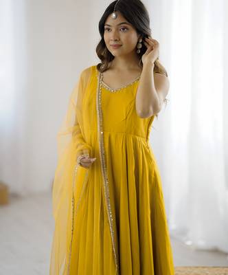Yellow chanderi pure roman silk anarkali suit 2