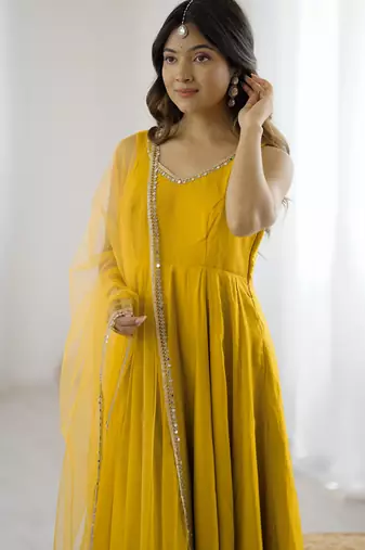 Yellow chanderi pure roman silk anarkali suit