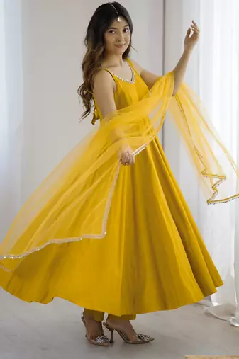 Yellow chanderi pure roman silk anarkali suit
