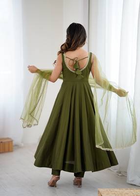 Mehndi chanderi pure roman silk anarkali suit 4