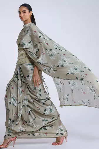Green printed georgette saree