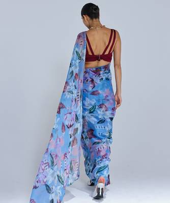 Blue printed organza saree 2