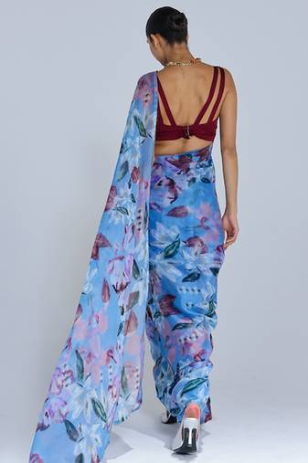 Blue printed organza saree