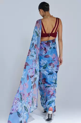 Blue printed organza saree