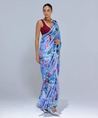 Blue printed organza saree 3