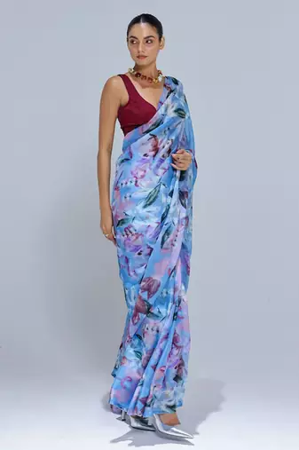 Blue printed organza saree