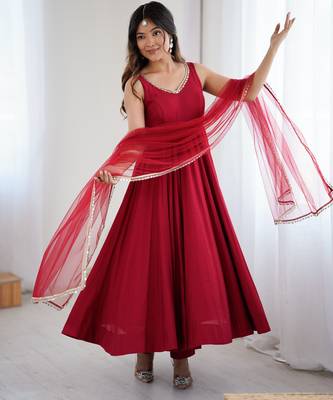Red chanderi pure roman silk anarkali suit 1