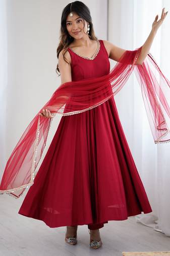 Red color chanderi pure roman silk anarkali suit