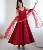 Red chanderi pure roman silk anarkali suit