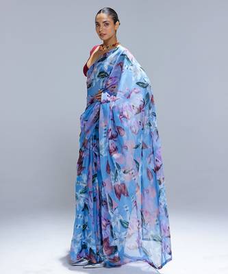 Blue printed organza saree 4