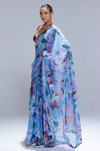 Blue printed organza saree