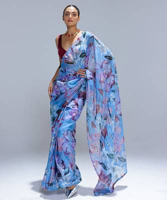 Blue printed organza saree 1