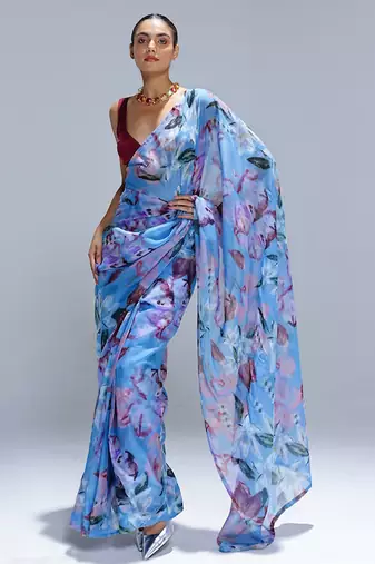 Blue printed organza saree